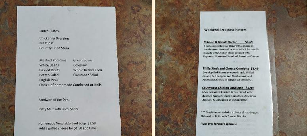 Emilee's Restaurant Menu